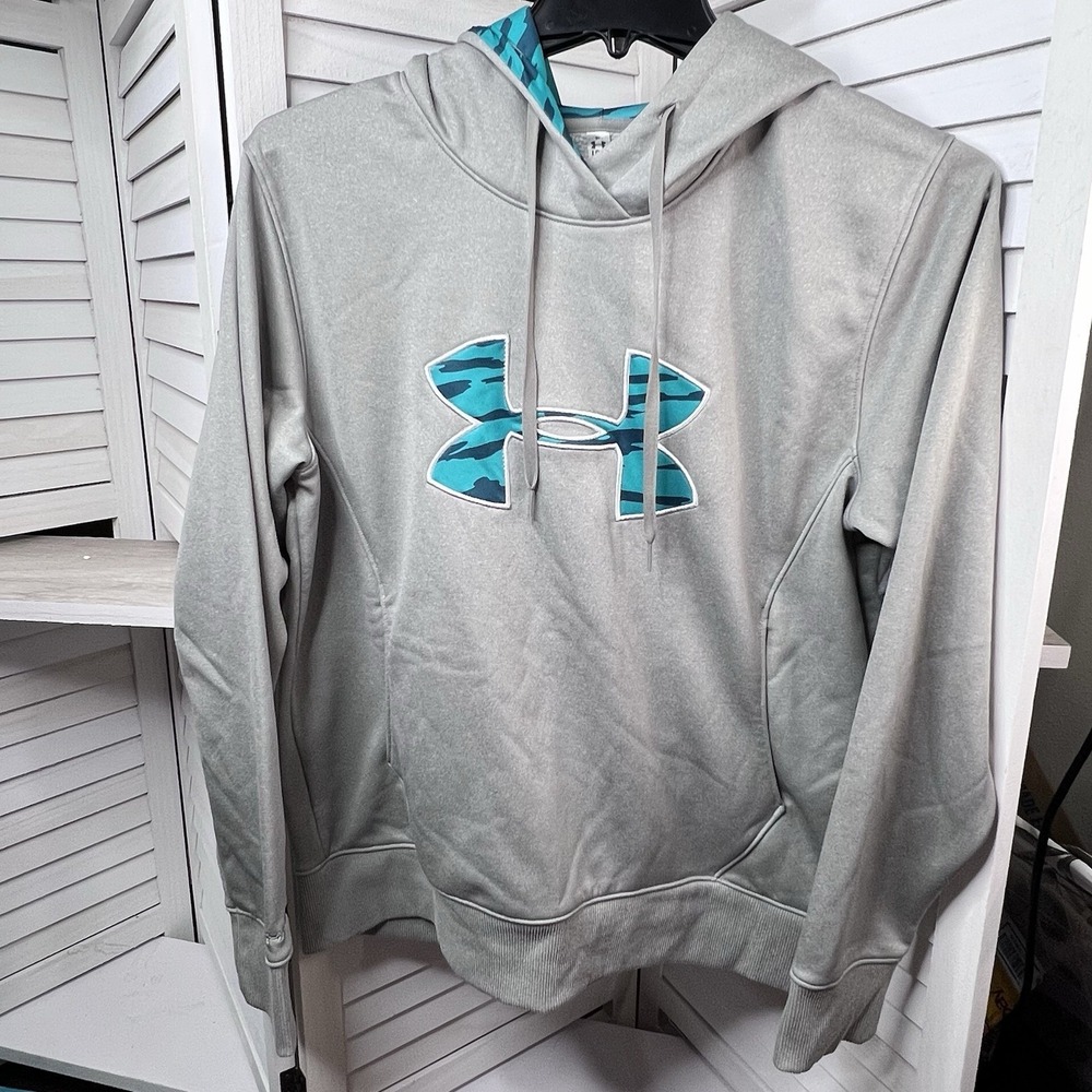 Under Armour ColdGear Hoodie Gray Teal Camo Logo Storm Pullover Large Women's